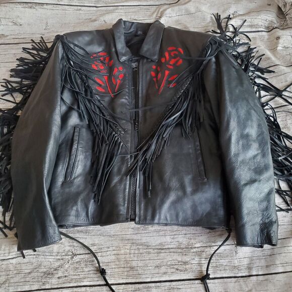 Unbranded Jackets & Blazers - VINTAGE  Black Leather Fringe Jacket Ladies Large Biker Motorcycle 90s Braid